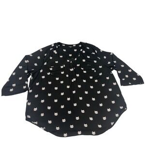 Torrid Harper Black Cat Print 3/4 Sleeve Blouse Plus Size 1X